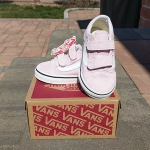 Kids girls Vans Velcro pink and white sneakers